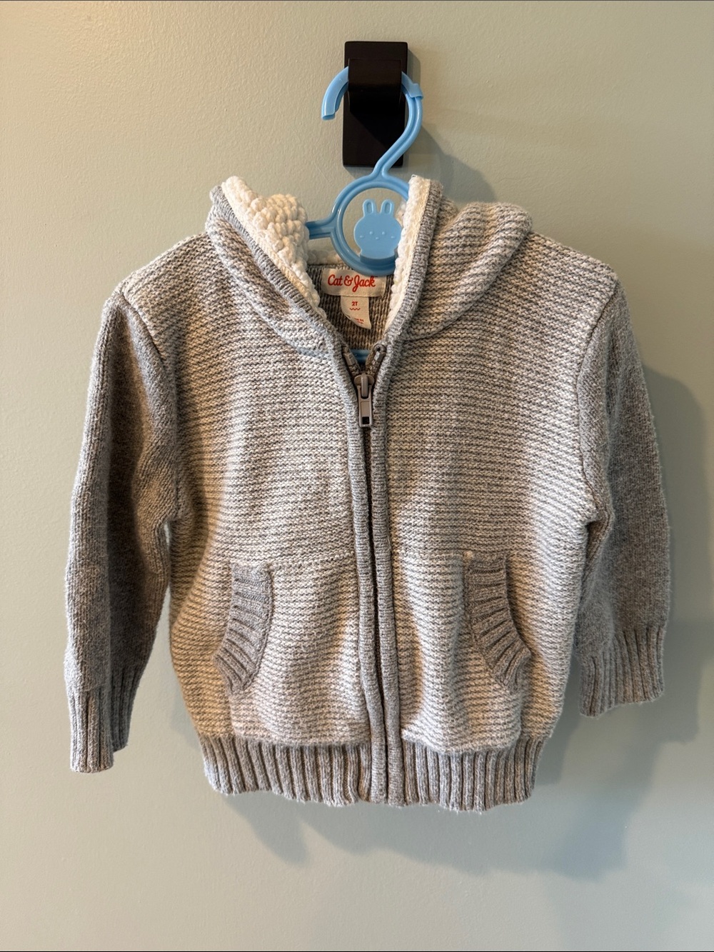 Cat & Jack Light Gray Knit Zip Hoodie with Sherpa Lining 🐻 ears 2T